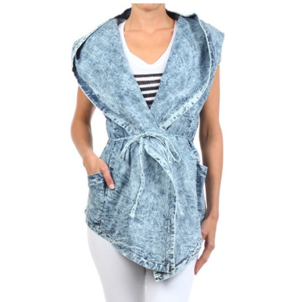 Acid Wash Hoodie Denim Trench Jean Vest Jacket - Picture 2 of 7